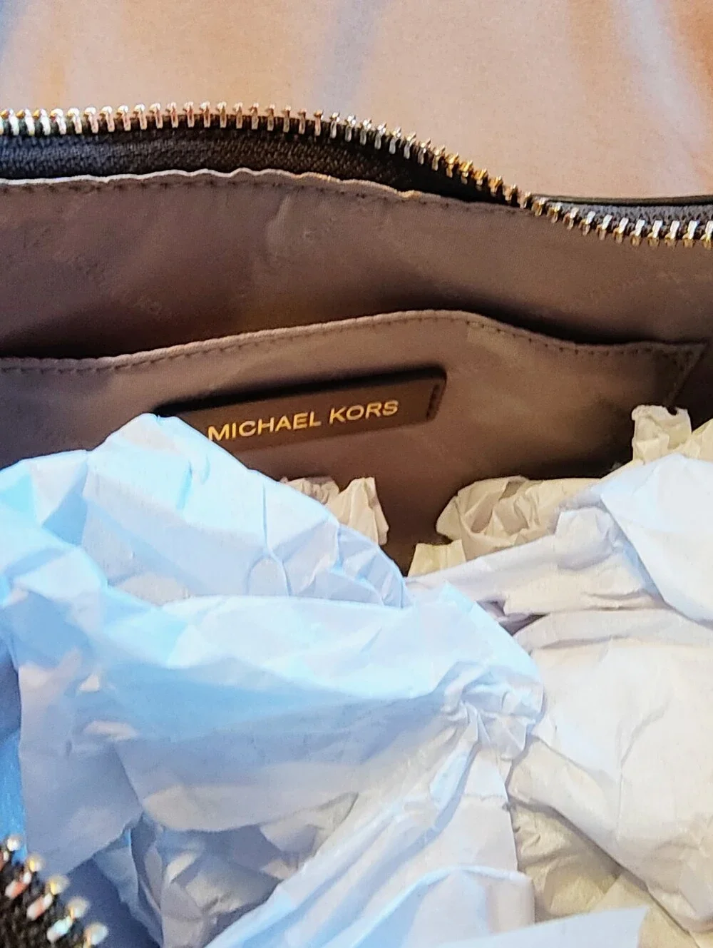 Michael Kors Navy MK Logo Crescent Hobo with Brown Trim